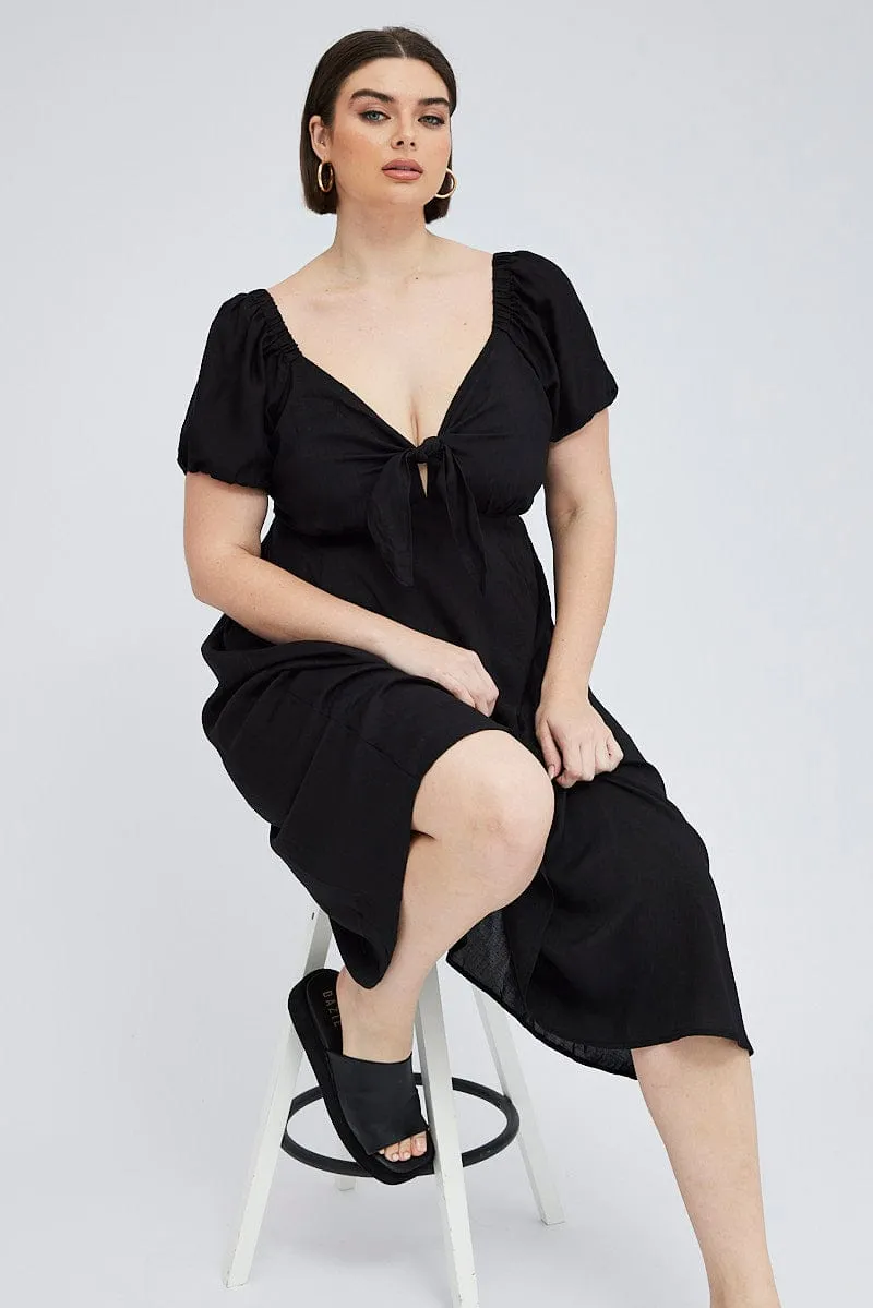 Cotton Soft Black Midi Dress Tie Front Puff Sleeve