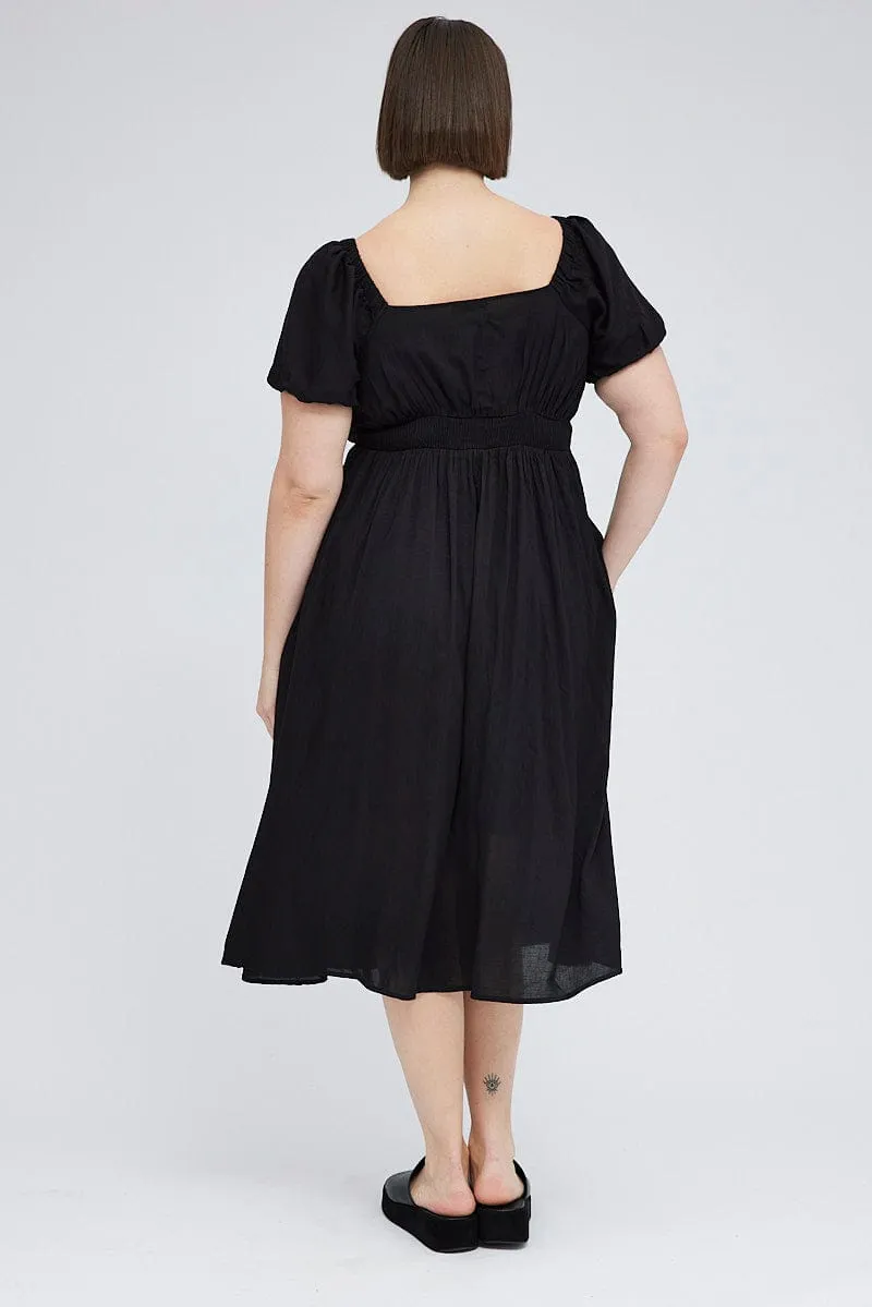 Vibrant color midi Leaf Fall Black Midi Dress Tie Front Puff Sleeve