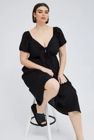 Cotton Soft Black Midi Dress Tie Front Puff Sleeve