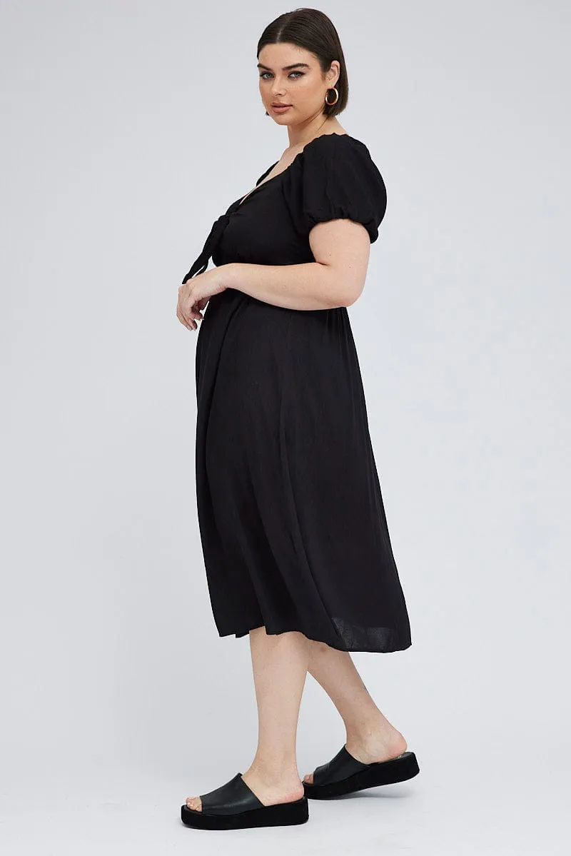 Polished Attire Relaxed yet stylish outfit Black Midi Dress Tie Front Puff Sleeve
