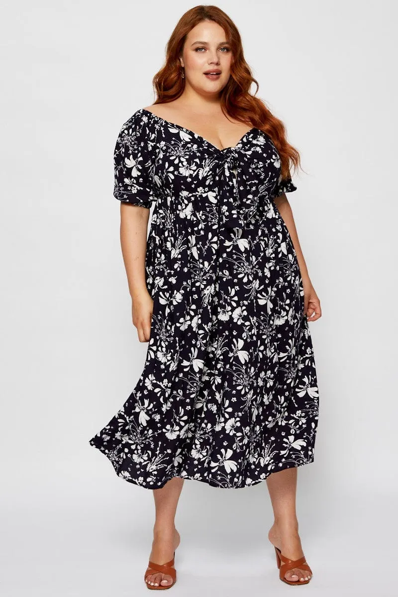 Floral Print Midi Dress V-neck Short Sleeve Inner Glow Classic Style