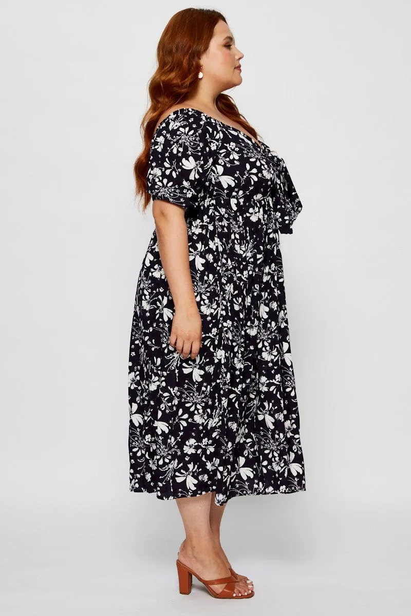 Floral Print Midi Dress V-neck Short Sleeve Cliff Edge Gem Shine