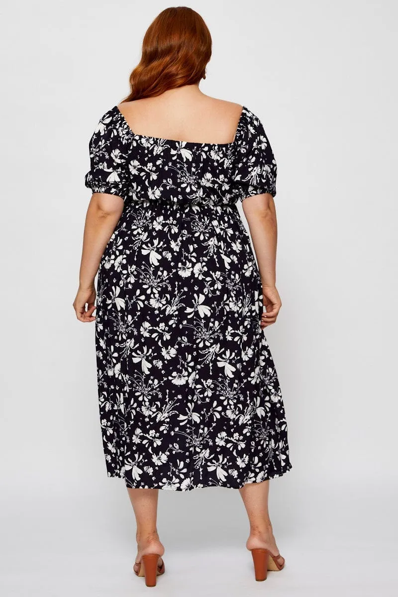 Floral Print Midi Dress V-neck Short Sleeve Daily Comfort One Step Look