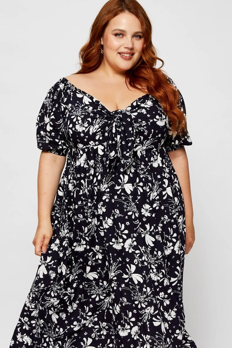 british retro Floral Print Midi Dress V-neck Short Sleeve