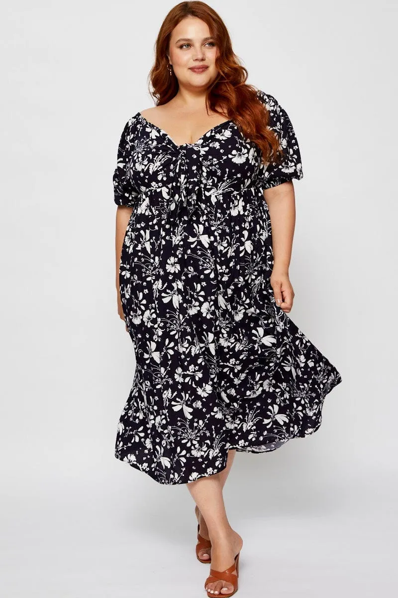Trendy casual event dress Floral Print Midi Dress V-neck Short Sleeve