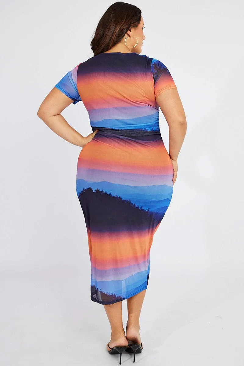 Street Chic All Season Style Multi Abstract Bodycon T-shirt Landscape Midi Dress
