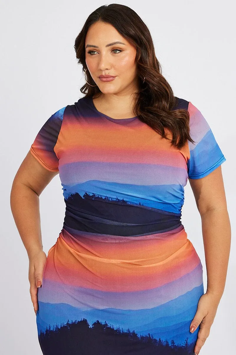 Multi Abstract Bodycon T-shirt Landscape Midi Dress Timeless elegance Breeze Move