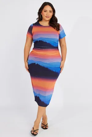 Multi Abstract Bodycon T-shirt Landscape Midi Dress Sophisticated Design