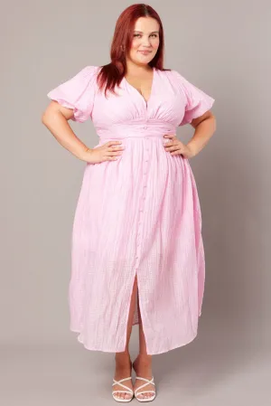 Dinner Hall Pink Midi Dress Short Sleeve V-neck