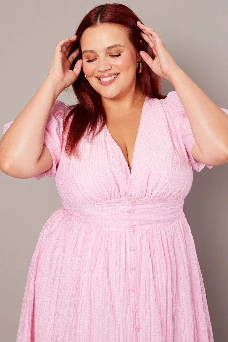 Pink Midi Dress Short Sleeve V-neck Alley View