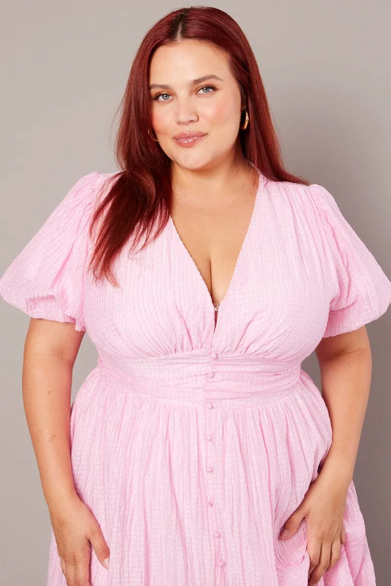 Chorus Night Feel Good Pink Midi Dress Short Sleeve V-neck