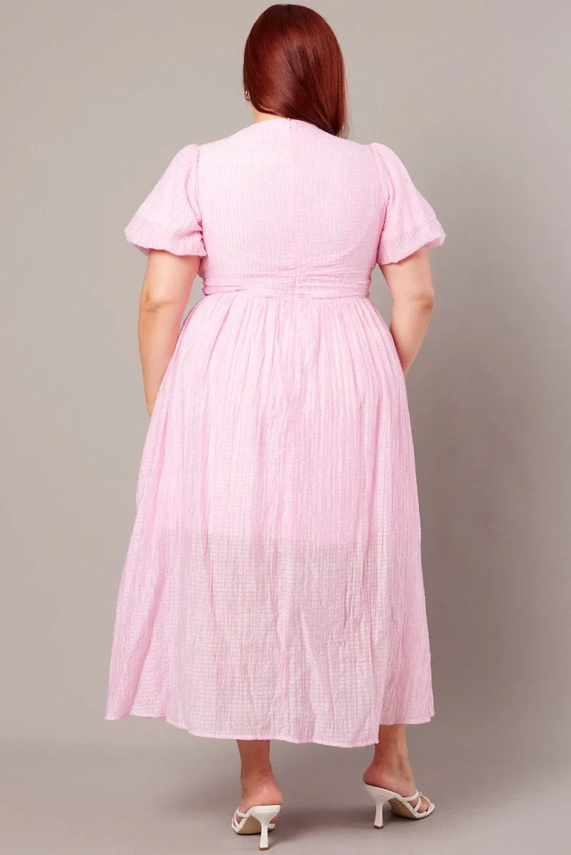 Pink Midi Dress Short Sleeve V-neck Easy Fit Port Side