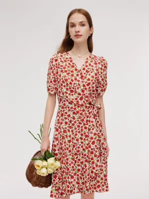Tencel And Linen Blend Women Rose Print Midi Dress Shell Path