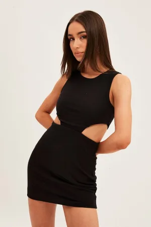 No Ride Up Black Mini Dress Sleeveless Round Neck Cut Out