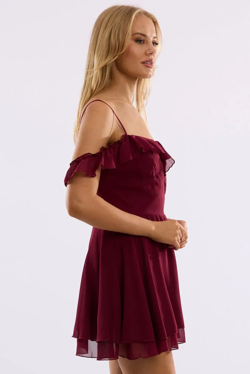 Club Light Street Fashion Red Mini Dress Ruffle Detail Chiffon