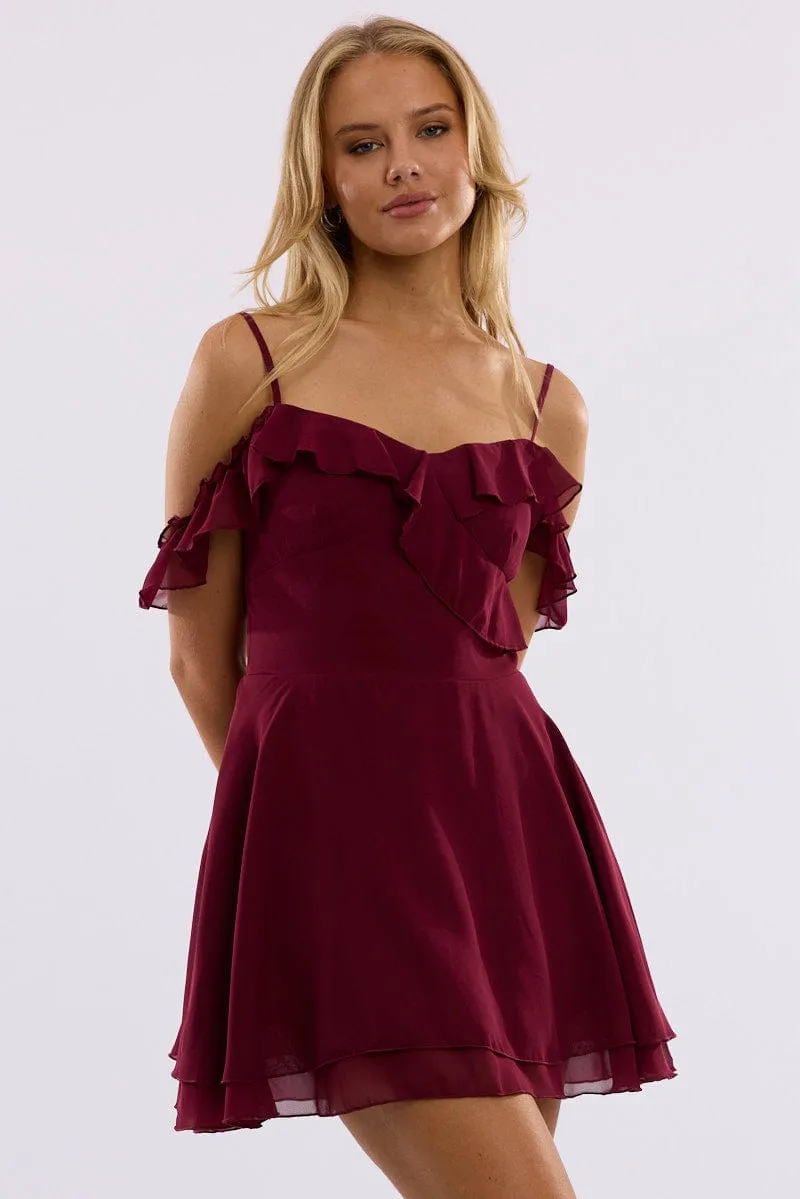 Easy Wear Red Mini Dress Ruffle Detail Chiffon