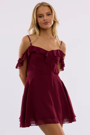 Easy Wear Red Mini Dress Ruffle Detail Chiffon