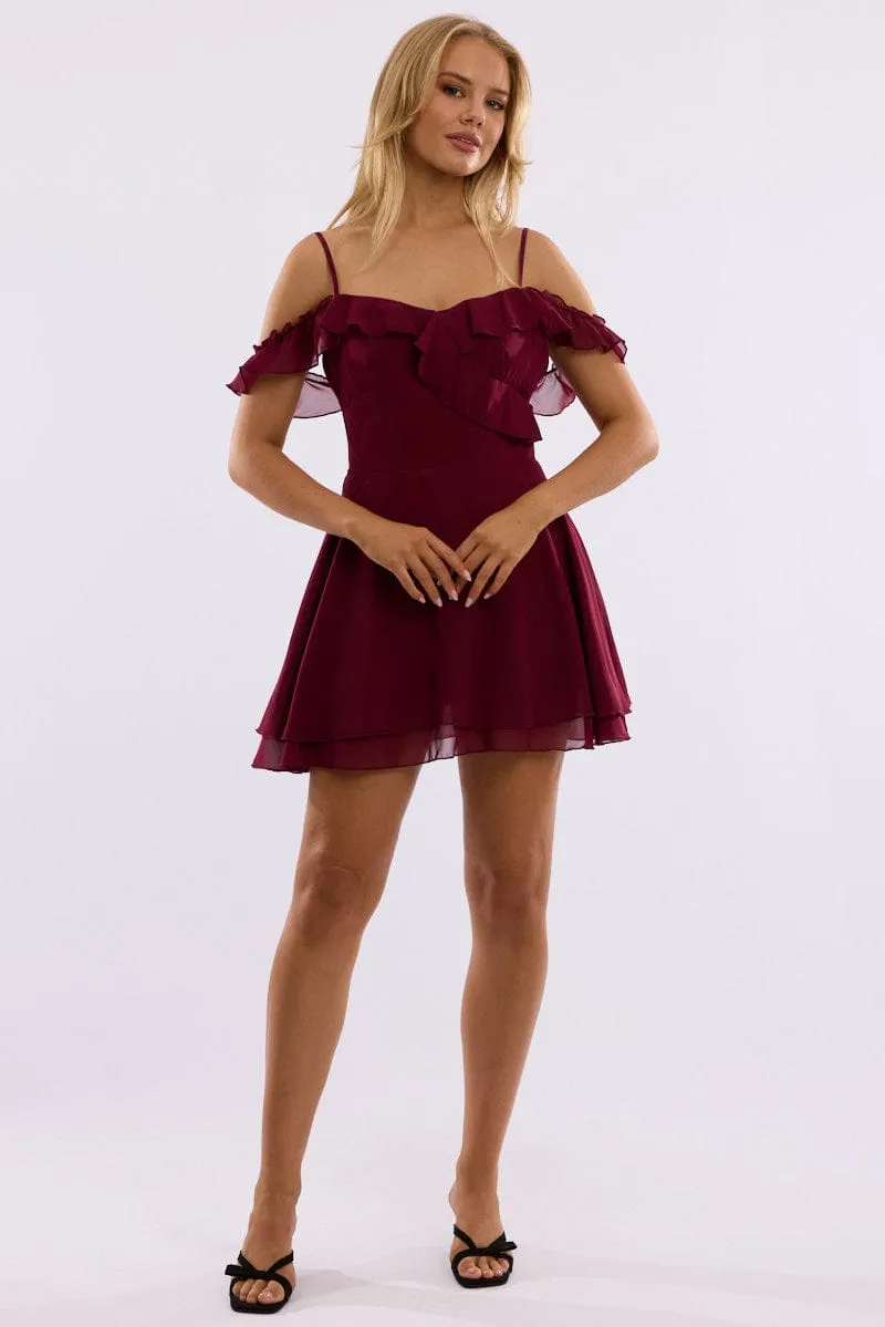 Red Mini Dress Ruffle Detail Chiffon Light and Breezy
