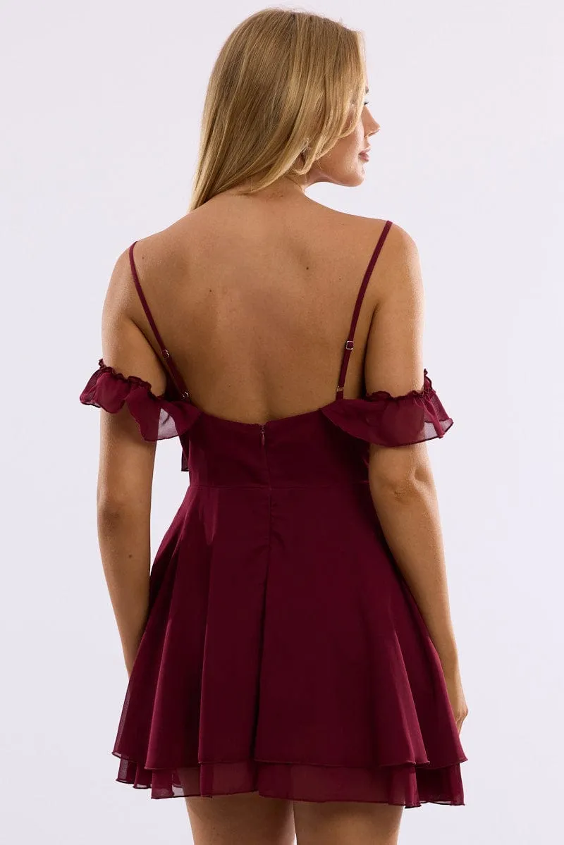 Day Wear Red Mini Dress Ruffle Detail Chiffon