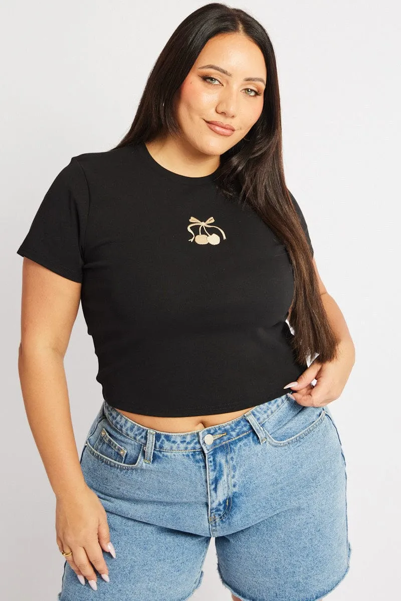 Black Graphic T Shirt Short Sleeve Crew Neck Stylish Look Slim Silhouette