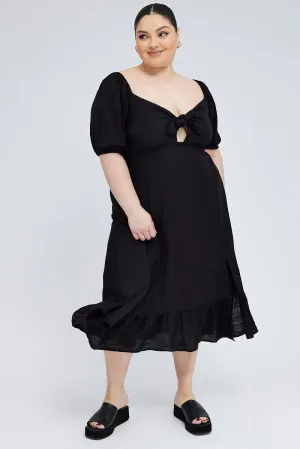 Black Tie Front Midi Dress Short Puff Sleeve Split Front Classic Cool
