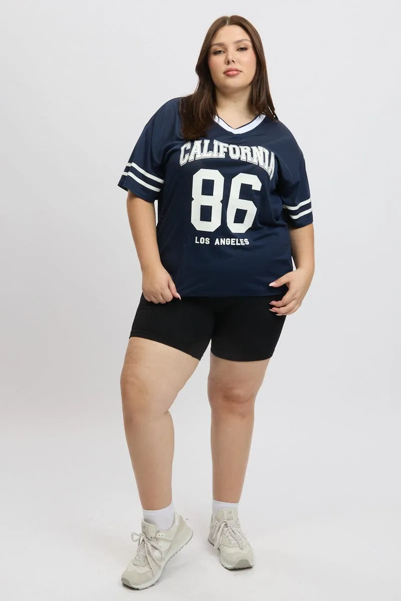 Flexible Collar Blue Graphic Tee Short Sleeve V Neck