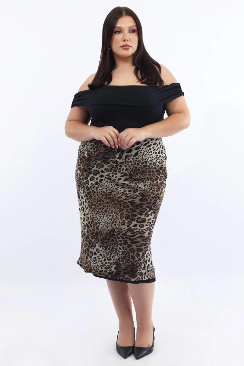 Brown Animal Print Midi Dress Off Shoulder Modern Wear Feminine Design