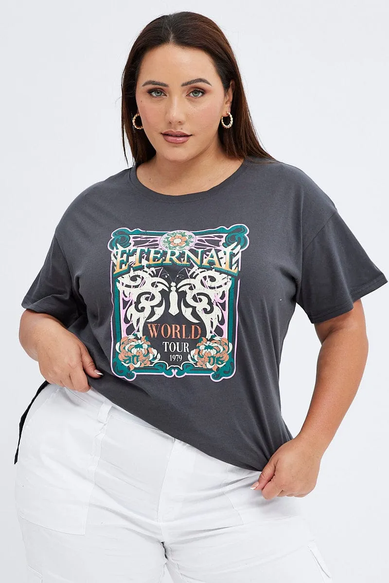 Grey Graphic T-shirt Eternal World Cotton Jersey Soft Layering
