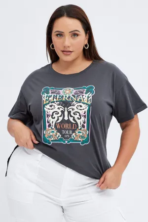 Grey Graphic T-shirt Eternal World Cotton Jersey Soft Layering