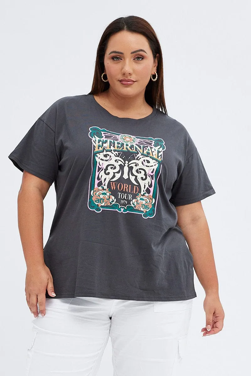 Grey Graphic T-shirt Eternal World Cotton Jersey Perfect Layering Stretch Fabric Technology