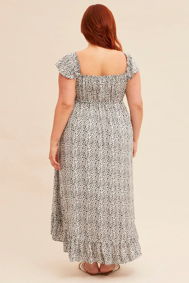 Wind Song Petite Style Animal Print Midi Dress Short Sleeve Shirred Off Shoulder