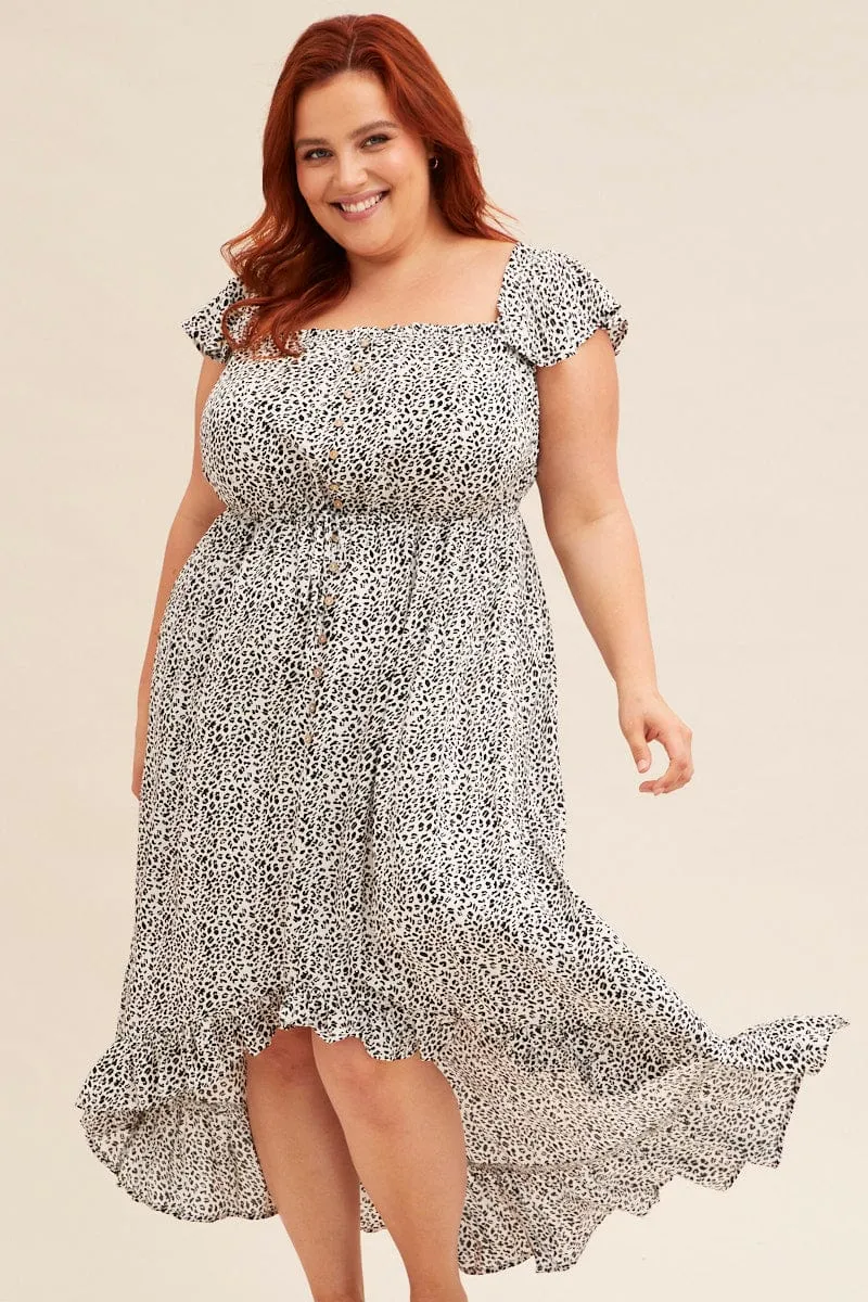 Animal Print Midi Dress Short Sleeve Shirred Off Shoulder Polished Wardrobe
