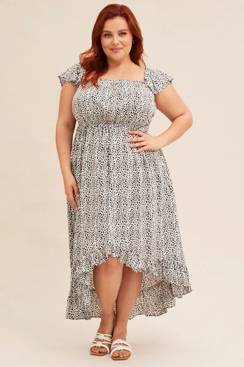 Elegant semi-formal gown Animal Print Midi Dress Short Sleeve Shirred Off Shoulder