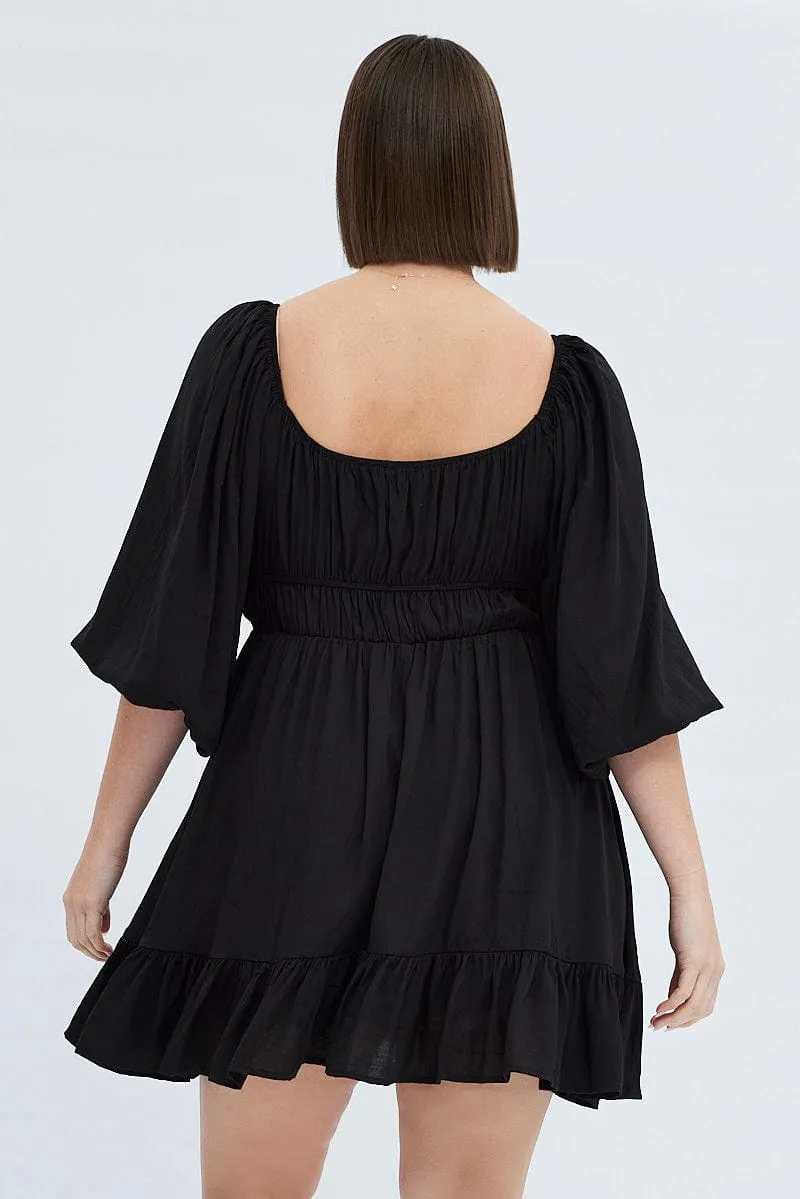 Black Fit And Flare Dress 3/4 Sleeve Tiered Cut Out VIP Area Brunch Ready