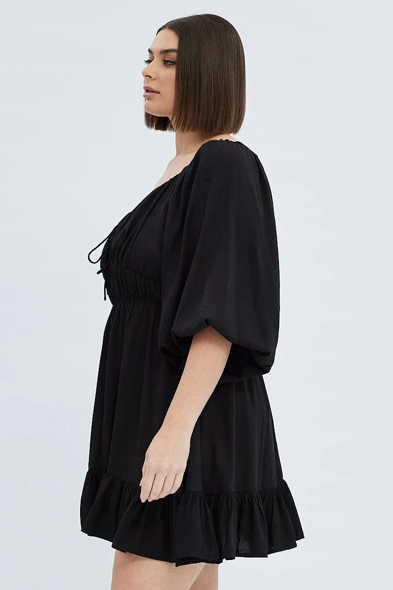 Black Fit And Flare Dress 3/4 Sleeve Tiered Cut Out Relaxed Comfort