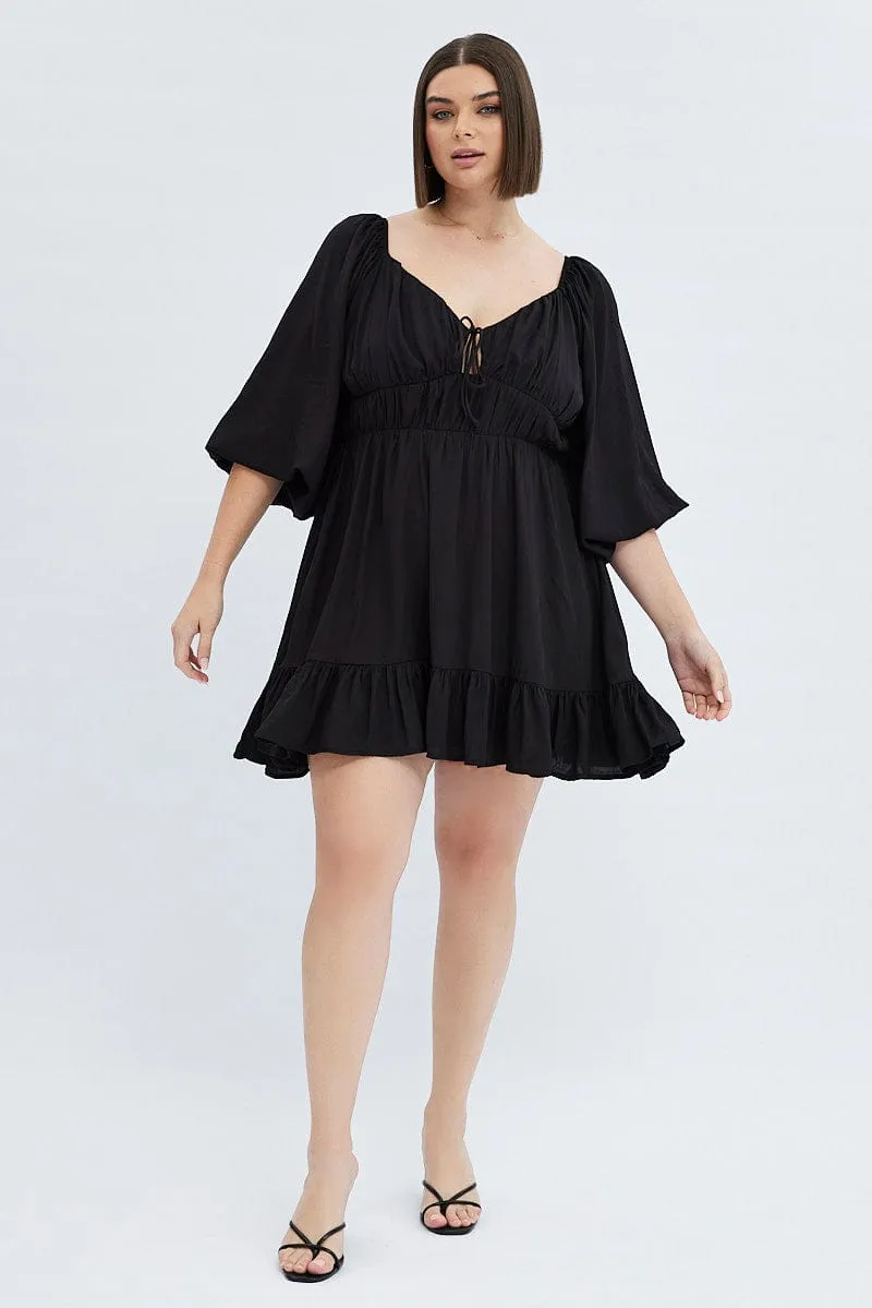Black Fit And Flare Dress 3/4 Sleeve Tiered Cut Out Relaxed Design