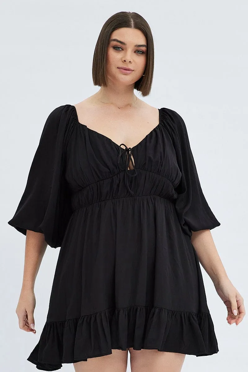Black Fit And Flare Dress 3/4 Sleeve Tiered Cut Out Event Chic Easy Elegance