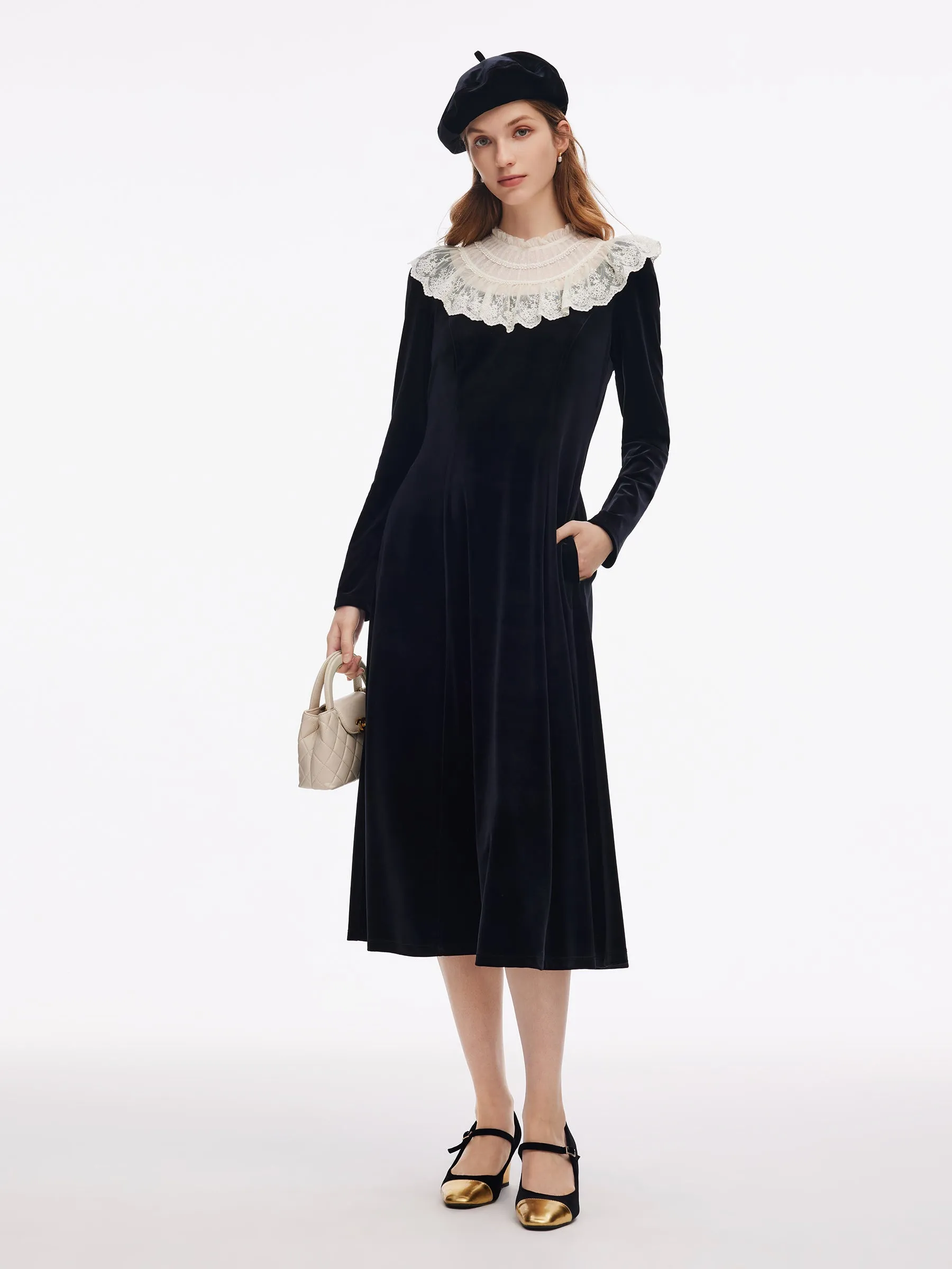 Sleek Silhouette Velvet Sheer Lace Collar Women Midi Dress With Beret