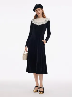 Confident Girl Easy Fashion Velvet Sheer Lace Collar Women Midi Dress With Beret