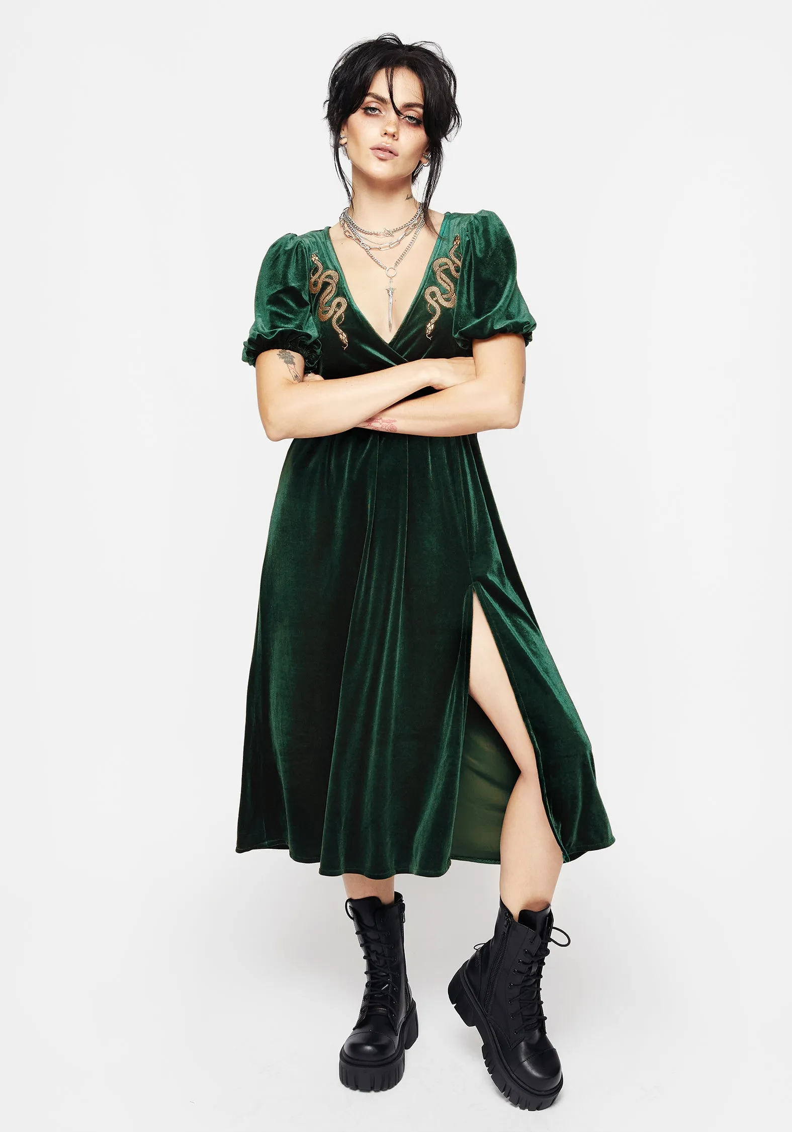 Opal Glow Chic Style Zarina Velour Applique Midi Wrap Dress