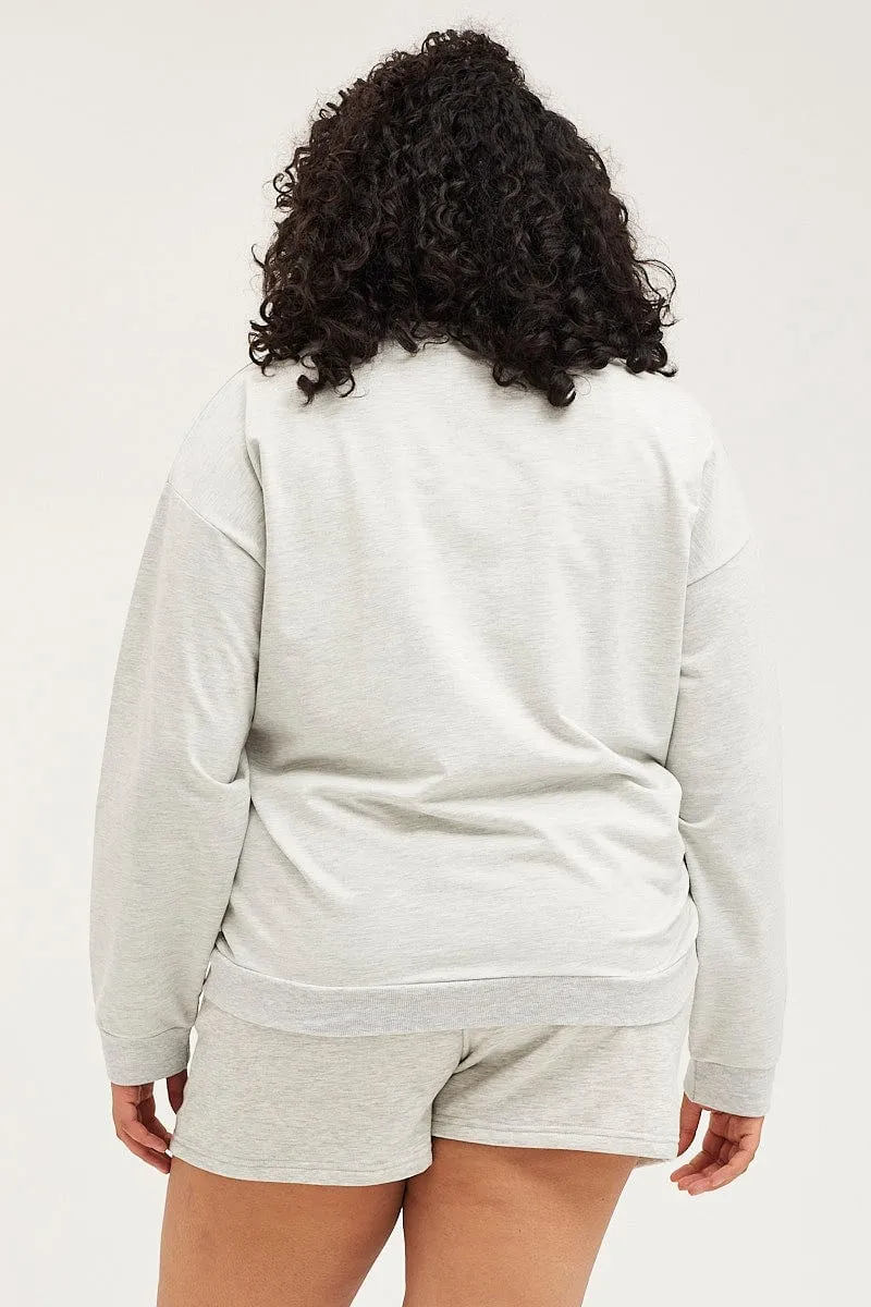 Grey Emboridered Sweatshirt Long Sleeve Fleece Muscular Fit Fashionable Design