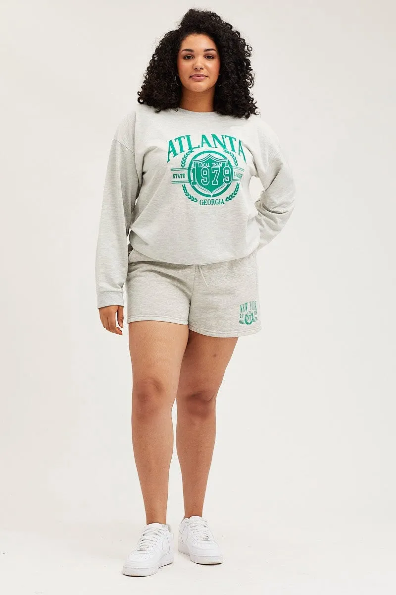 Grey Emboridered Sweatshirt Long Sleeve Fleece All-Day Wear
