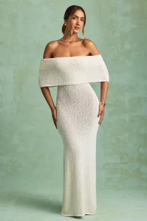 The versatile design of this maxi dress makes it perfect for a variety of occasions Boucl?? Off-Shoulder Maxi Dress in White