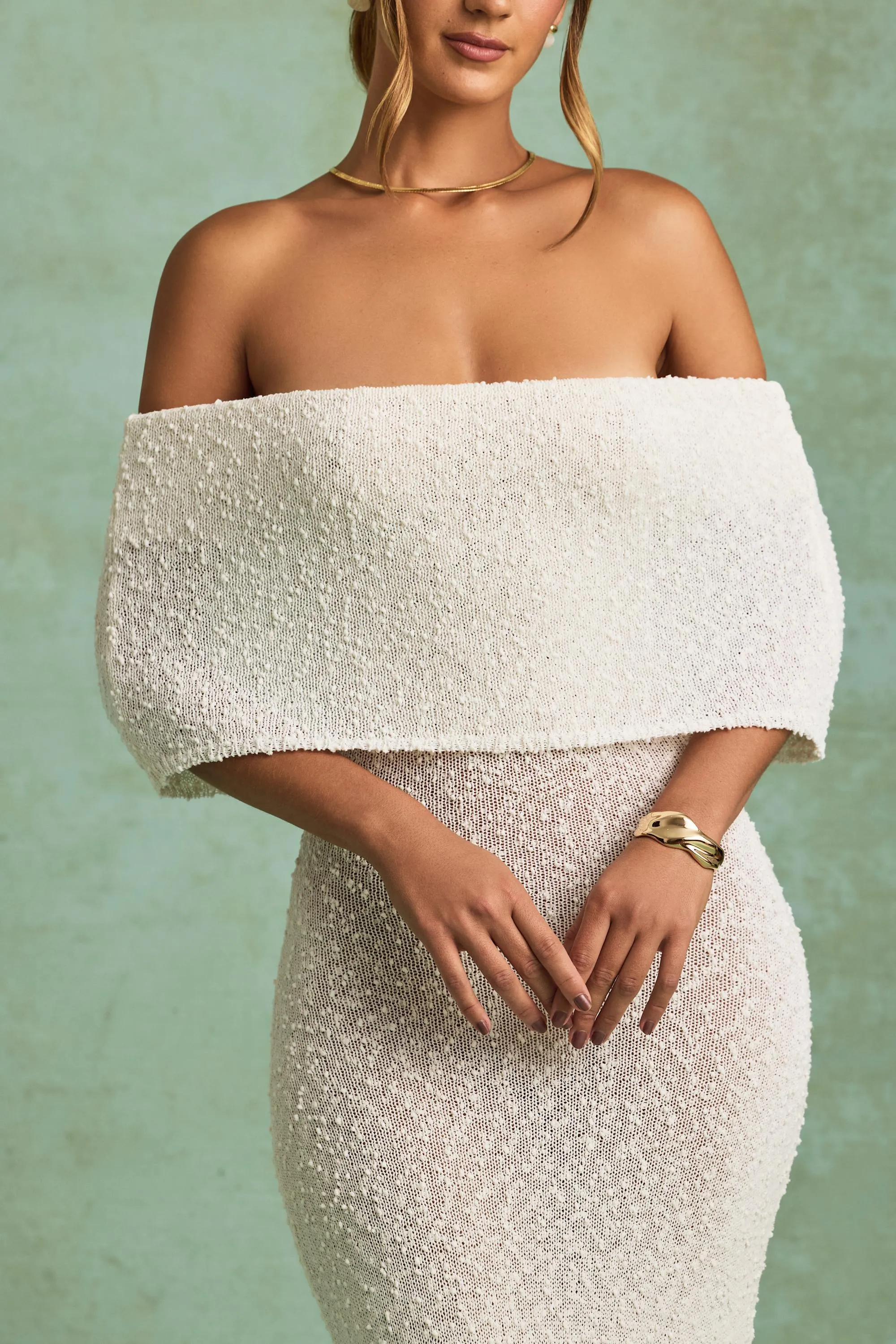 Boucl?? Off-Shoulder Maxi Dress in White Morning Mist Sailing Day