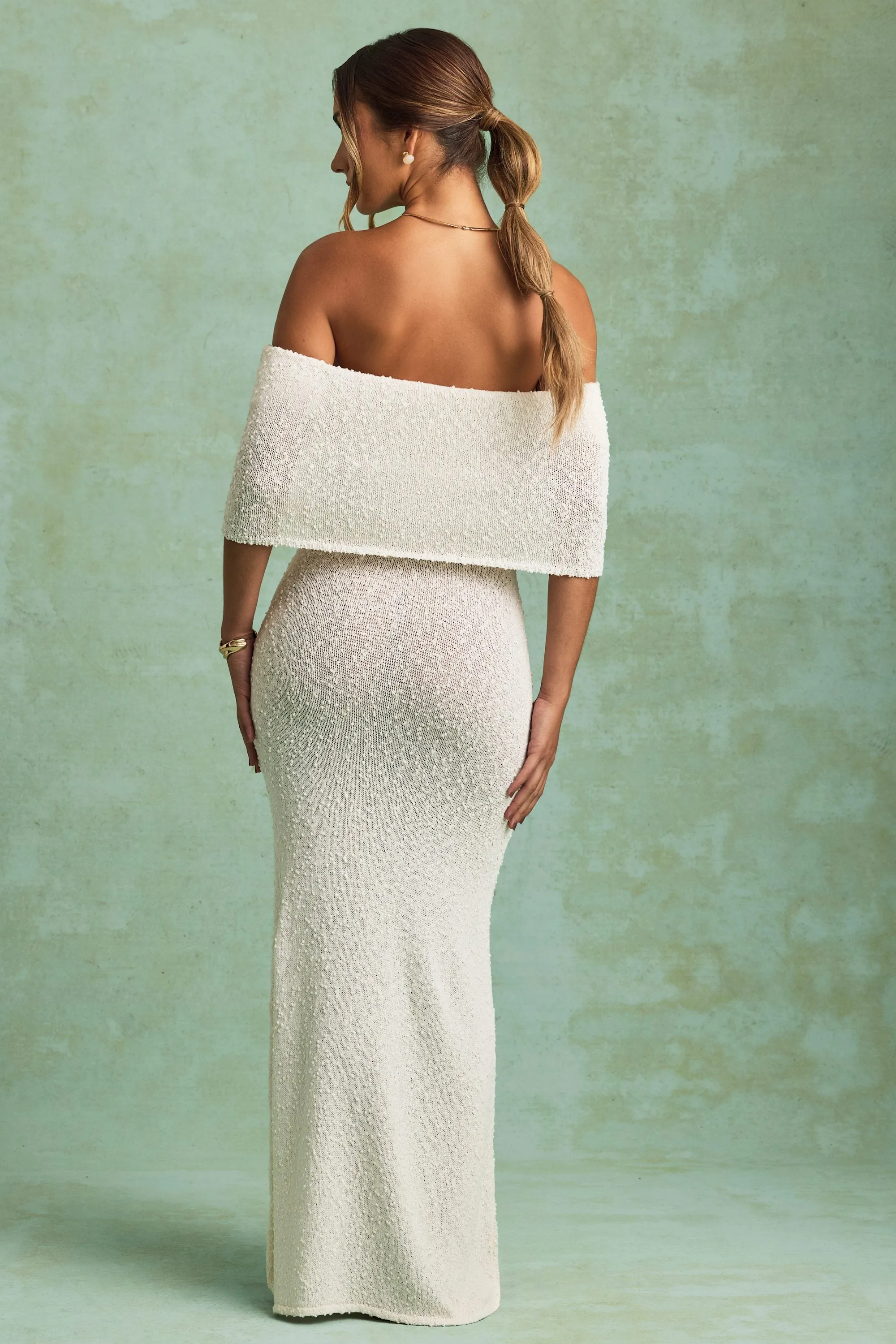 Ocean Blue Roof View Boucl?? Off-Shoulder Maxi Dress in White