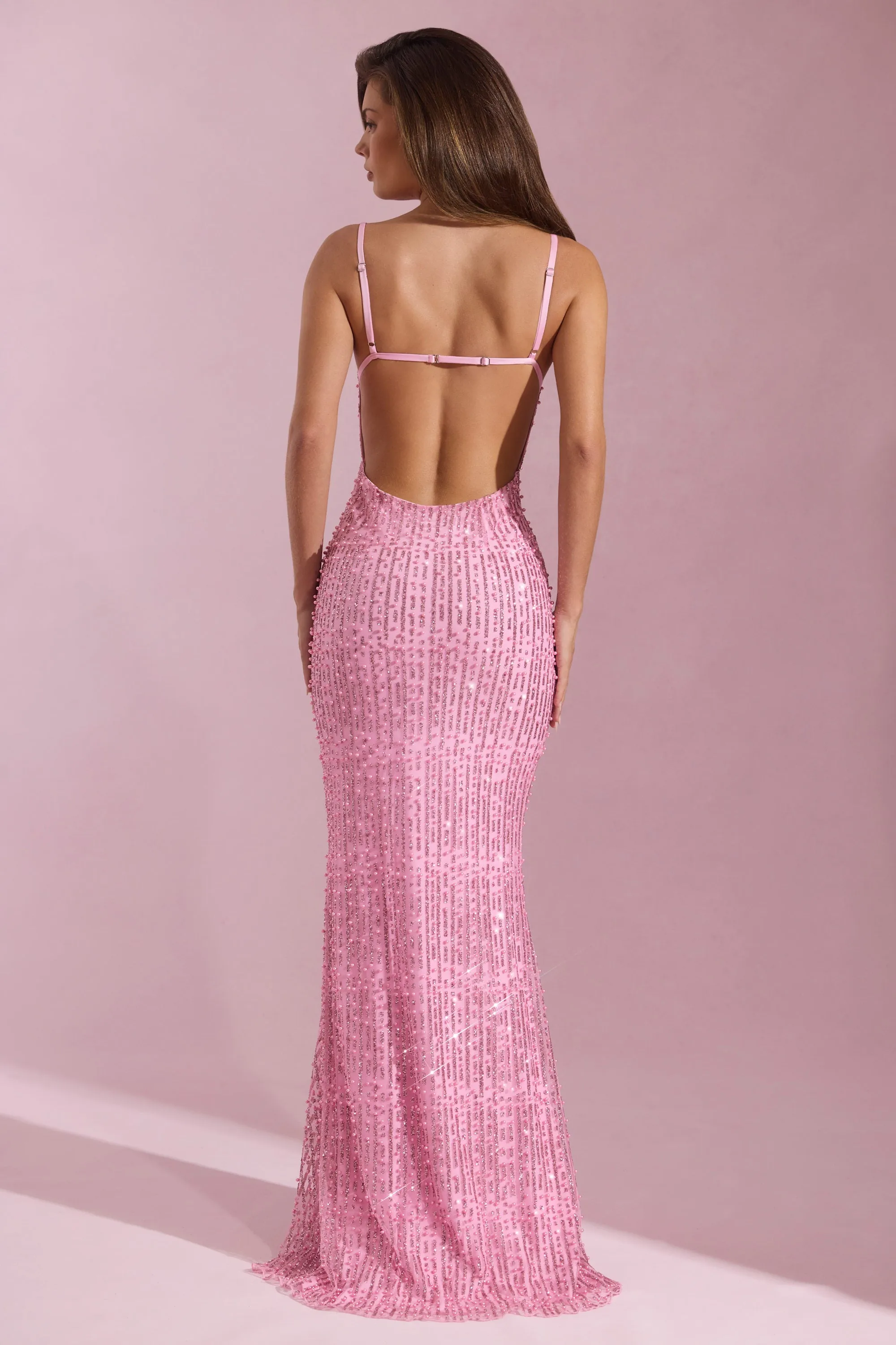 Fashion-forward long piece Embellished Cowl-Neck Backless Maxi Dress in Pink