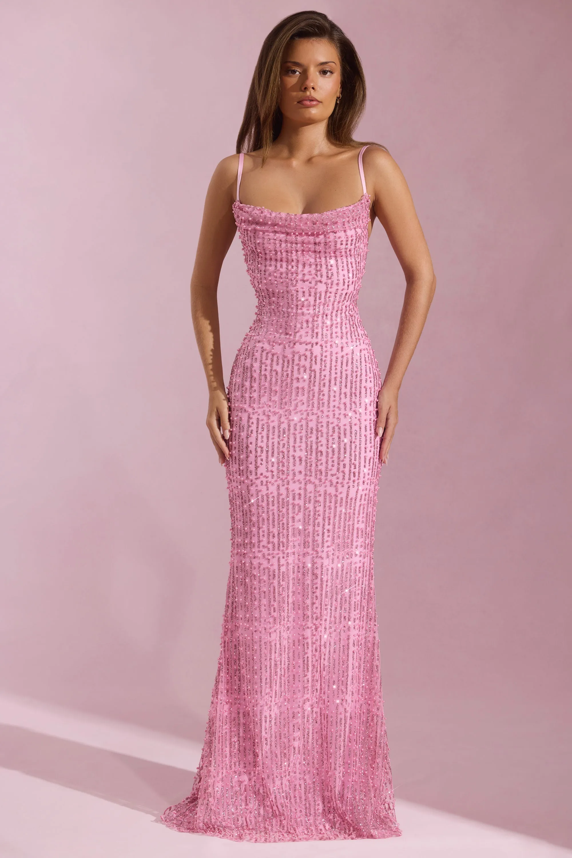 Tree Arch Flow River Embellished Cowl-Neck Backless Maxi Dress in Pink