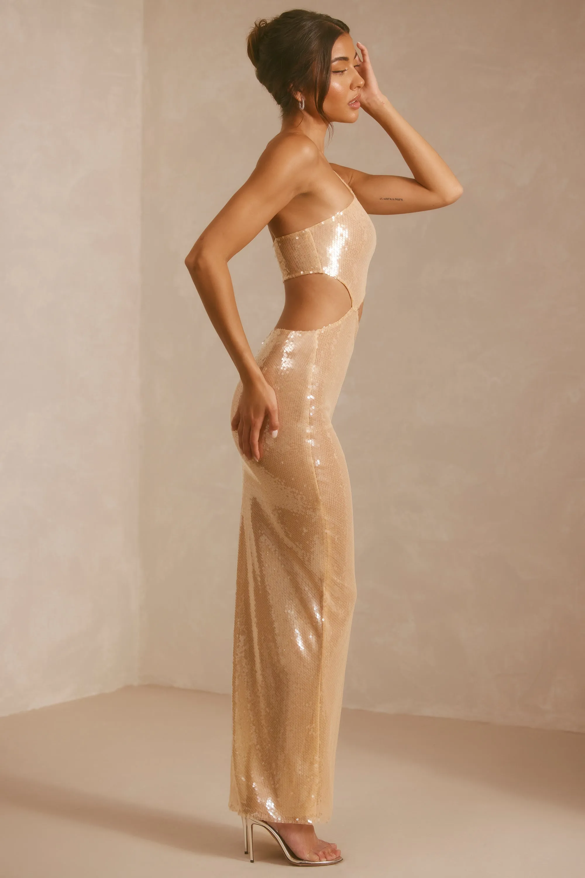 Sheer Sequin One Shoulder Cut Out Maxi Dress in Tan feminine grace Open Back