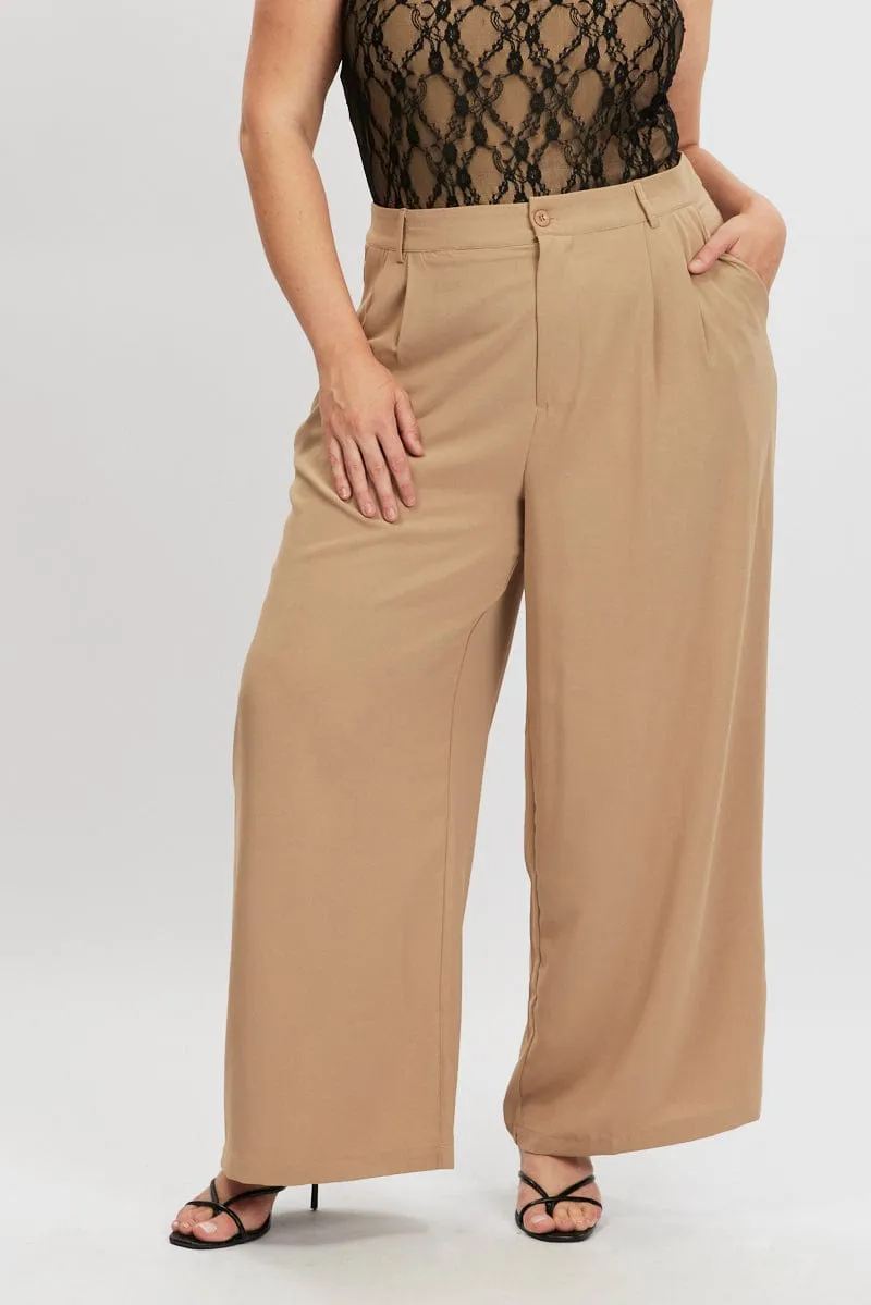 Brown Tailored Wide Leg Pants Relaxed Fit Design Work Essential