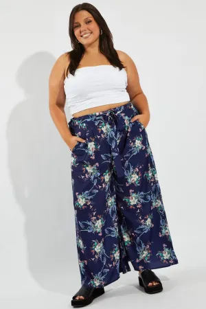 Multi Floral Wide Leg Pants Belted Tall Length